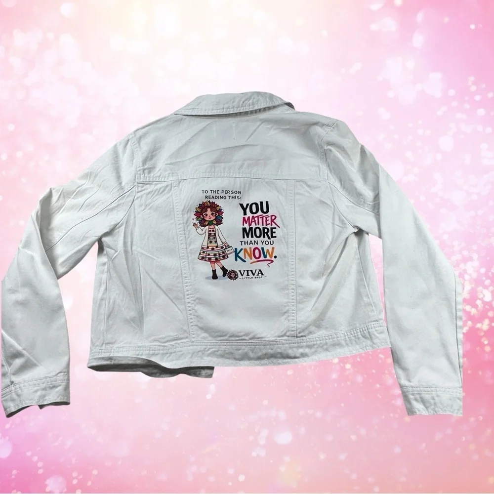 Custom White Denim Jacket “You Matter More Than You Know” Graphic size youth L